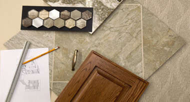 Collage of interior finishes and tools for design - tile, flooring, cabinet door, hardware, etc.